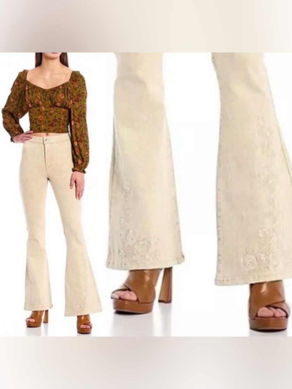 Chelsea & Violet High Rise Embroidered Flare Leg Jean Boho Festival Hippie Artsy